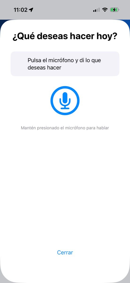 Pantalla para hablar con la aplicación mediante el micrófono