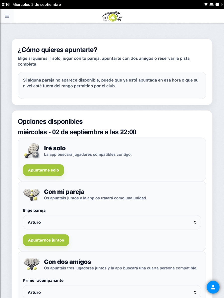 Opciones para apuntarse a una partida